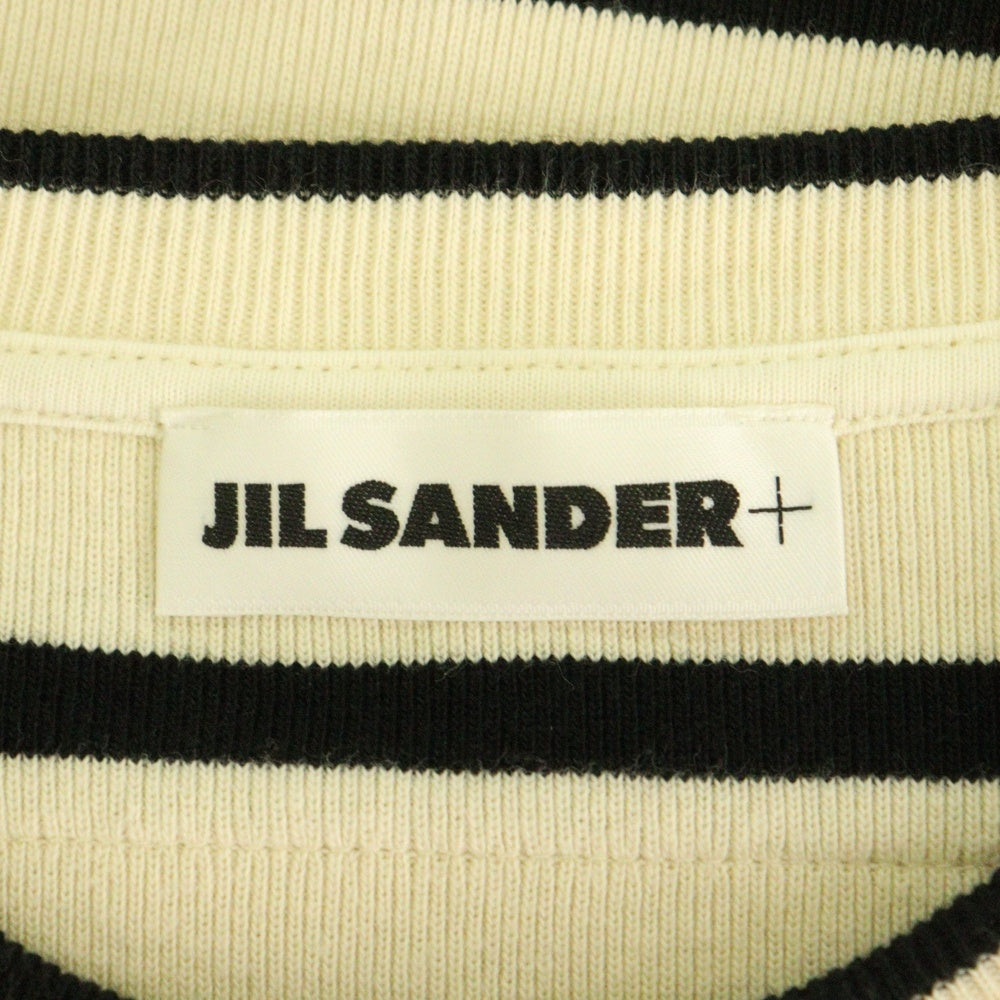 JIL SANDER NAVY(ジルサンダーネイビー) バックロゴパッチ ボーダー総柄 コットンニット クルーネック 半袖Tシャツ カットソー アイボリー/ブラック レディース J40GC0111 J46497