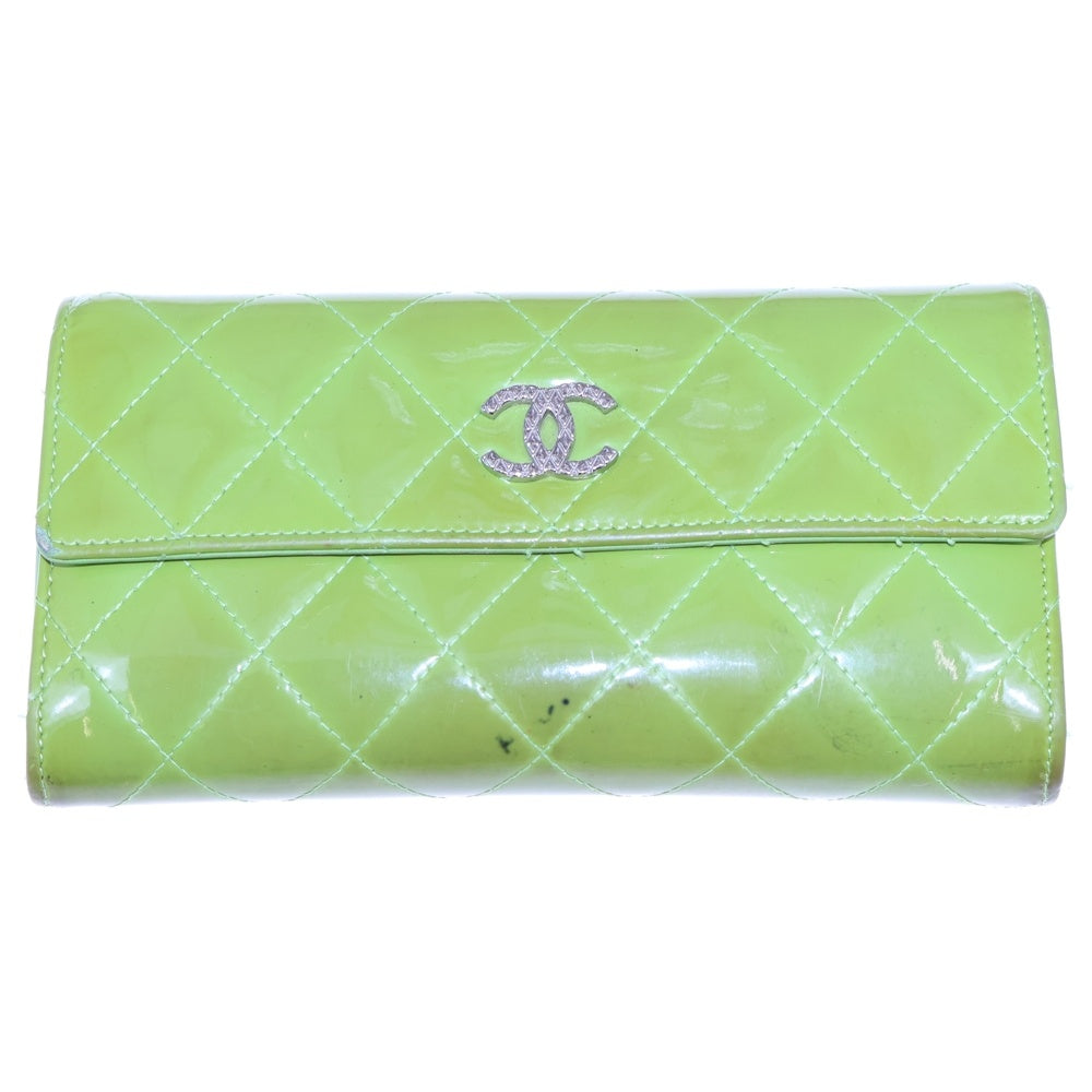 CHANEL(シャネル) マトラッセ ココマーク キルティング ロングウォレット 長財布 カードケース パテント イエローグリーン シルバー金具