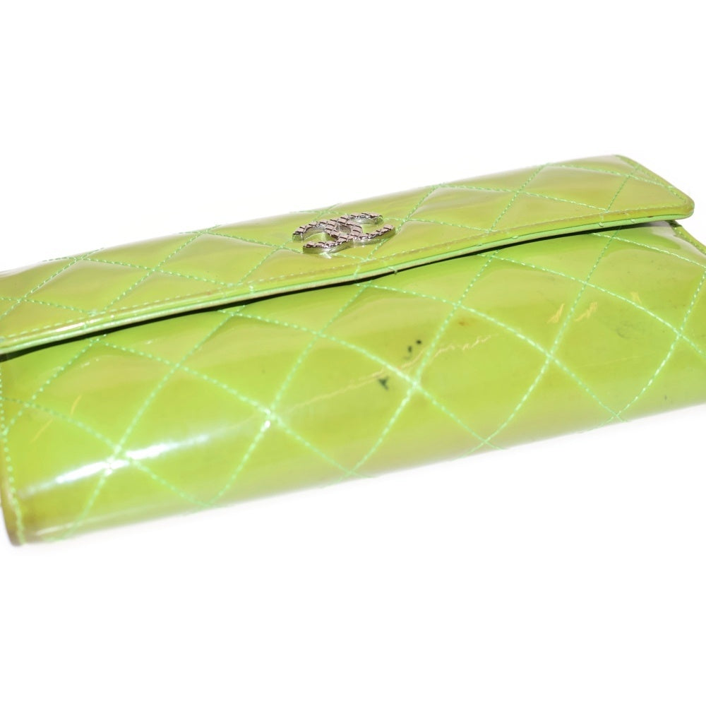 CHANEL(シャネル) マトラッセ ココマーク キルティング ロングウォレット 長財布 カードケース パテント イエローグリーン シルバー金具