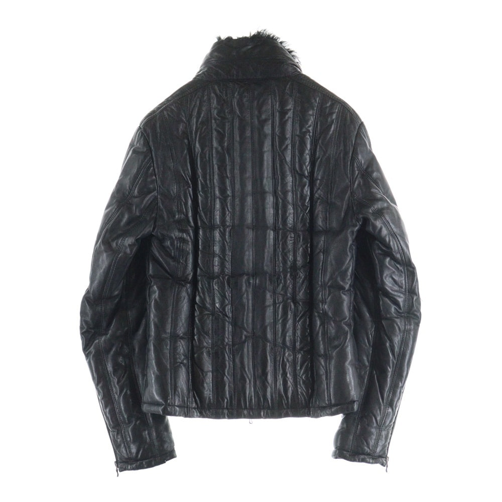 SHELLAC(シェラック) ラムレザー キルティング デタッチャブルファー スタンドカラー ジップアップ ダウンジャケット ブラック 40001A