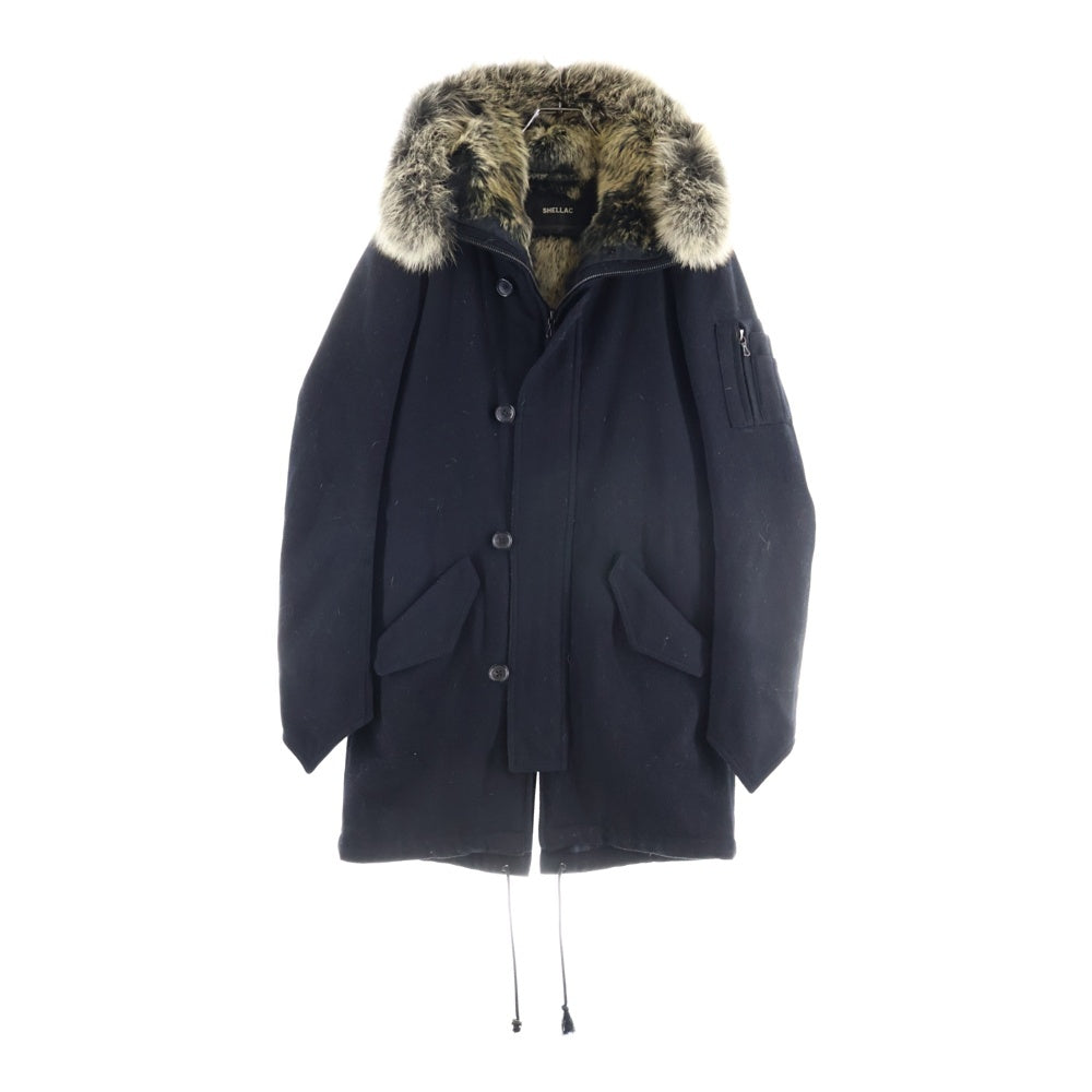SHELLAC(シェラック) ラビットファー フーデッド ライナー付き ウール ジップアップ ミリタリージャケット コート ブラック 52304