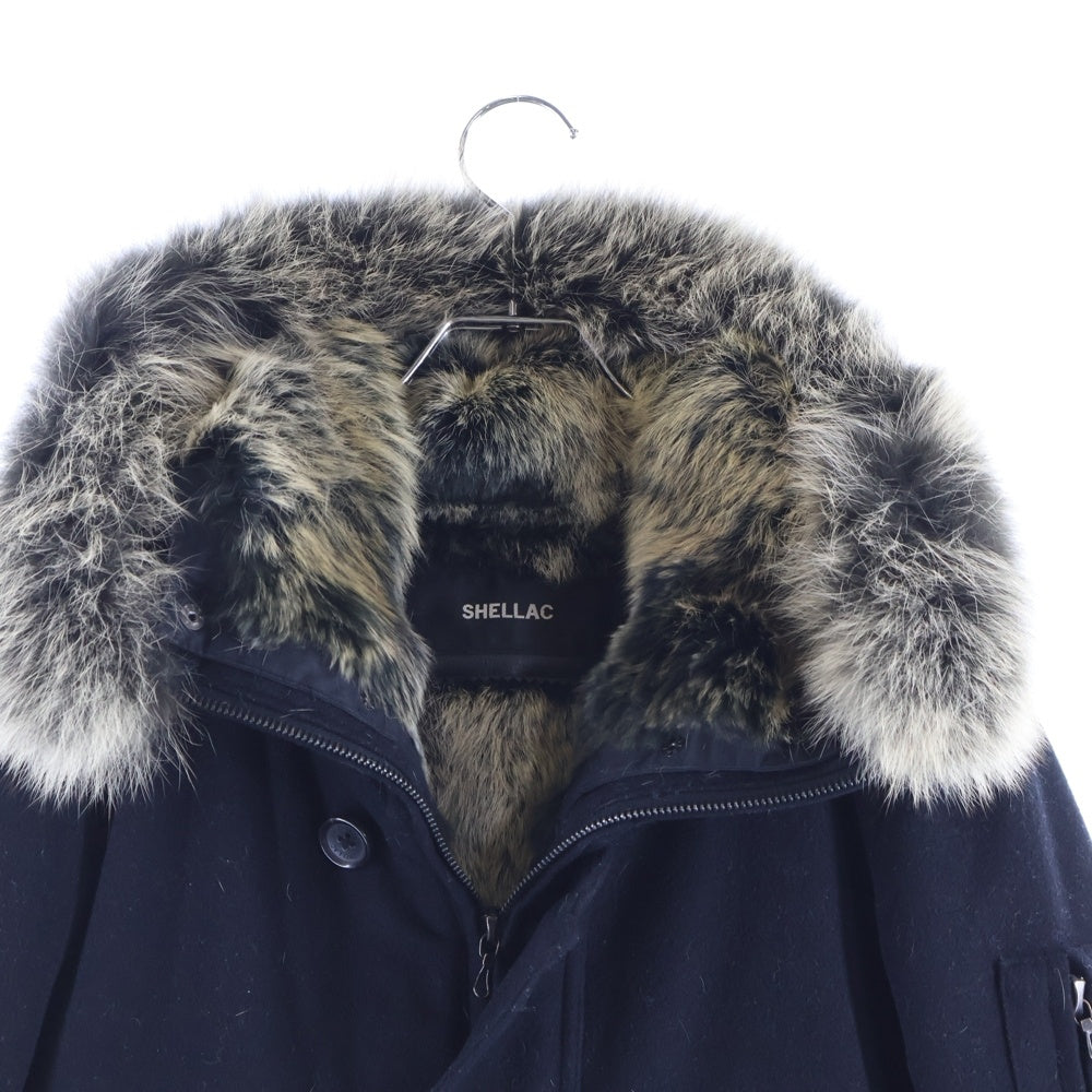 SHELLAC(シェラック) ラビットファー フーデッド ライナー付き ウール ジップアップ ミリタリージャケット コート ブラック 52304