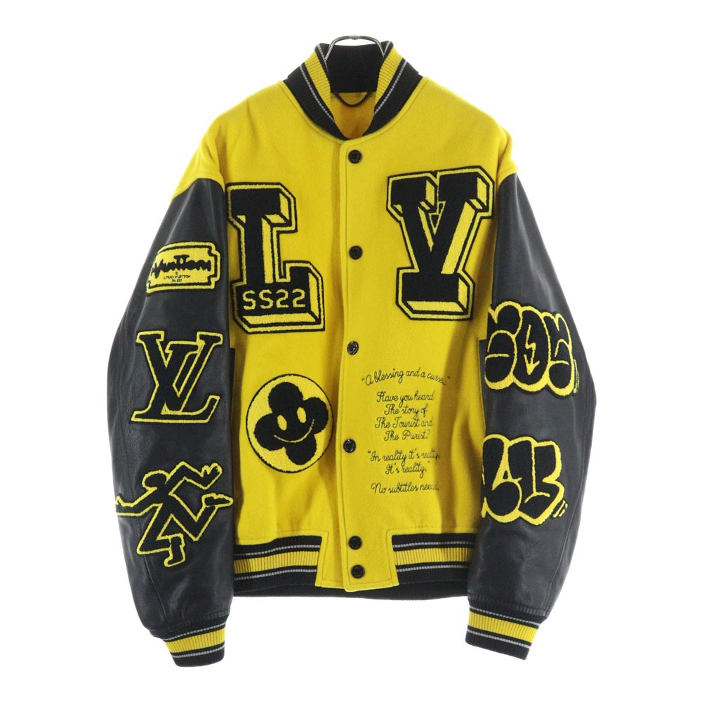 LOUIS VUITTON(ルイヴィトン) 22SS LV ワッペンロゴ パンサー レザー切り替え スナップボタン バーシティージャケット ブルゾン スタジャン イエロー/ブラック RM221 IZ3 HML81E