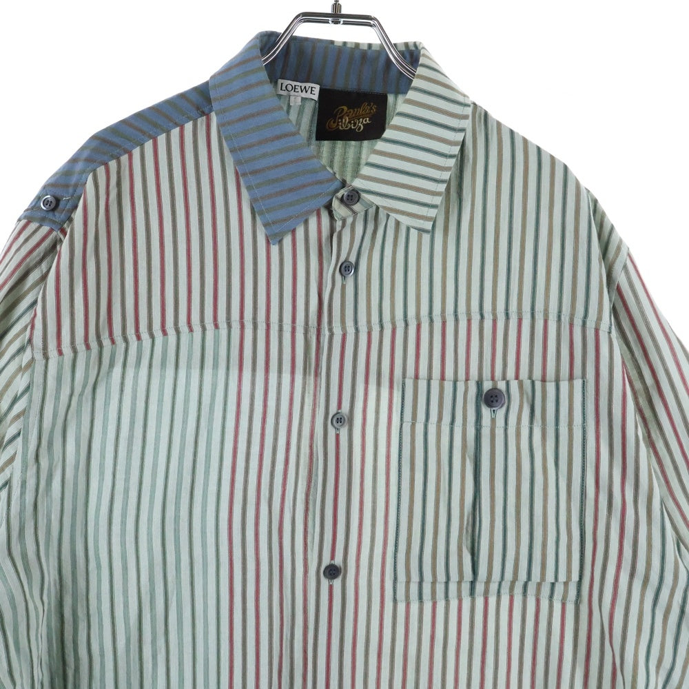 LOEWE(ロエベ) Paula's Ibiza パウラズイビザ ストライプ総柄 マルチカラー ポケット 半袖シャツ グリーン/レッド H616Y05X11