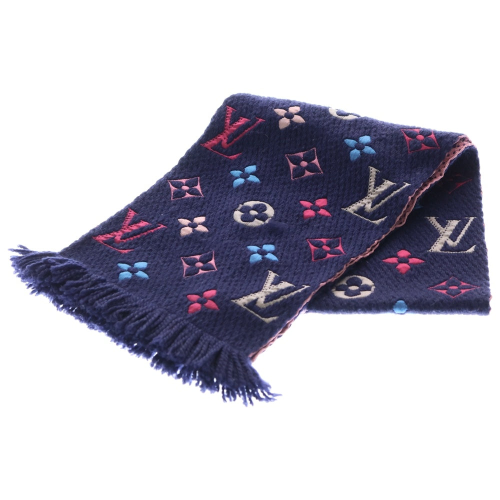 LOUIS VUITTON(ルイヴィトン) モノグラム エシャルプ ロゴマニア レインボー フリンジ付シルク混ウールマフラー ネイビー/マルチカラー M70899 レディース