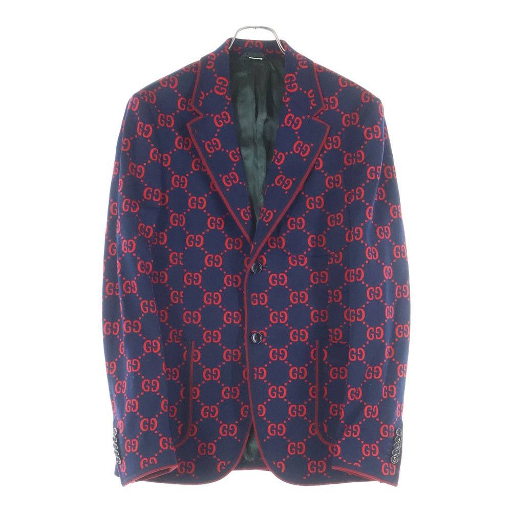 GUCCI(グッチ) 18SS GG総柄ジャガード 2B テーラードジャケット ネイビー/レッド 495218