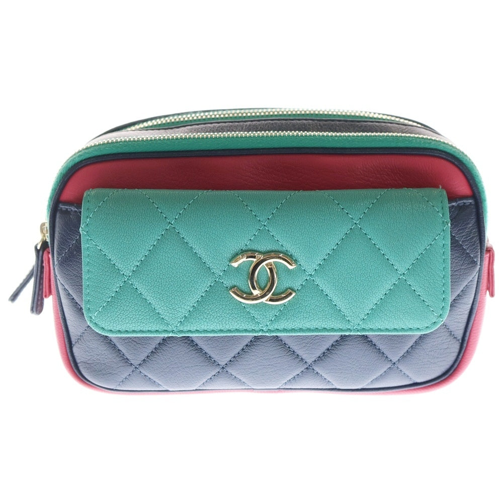 CHANEL(シャネル) マトラッセ ココマーク レザー チェーン ウエスト ボディバッグ ゴールド金具 ネイビー/グリーン/ピンク AS1370 29番台