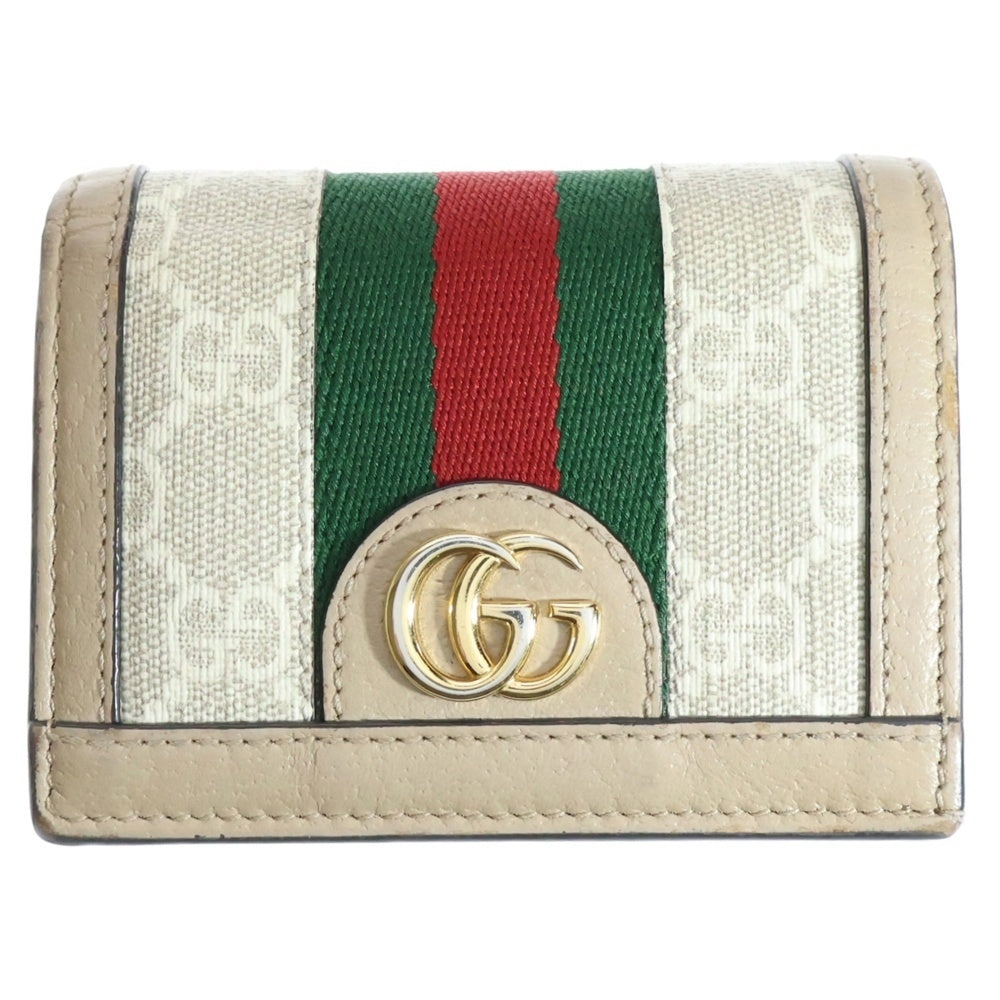 GUCCI(グッチ) オフディア GGスプリーム コンパクトウォレット 三つ折り財布 ホワイト×ベージュ PVC×レザー 523155 ゴールド金具 レディース