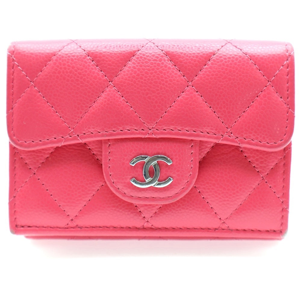 CHANEL(シャネル) マトラッセ スモール フラップ ウォレット 三つ折り財布 ピンク キャビアスキン シルバー金具