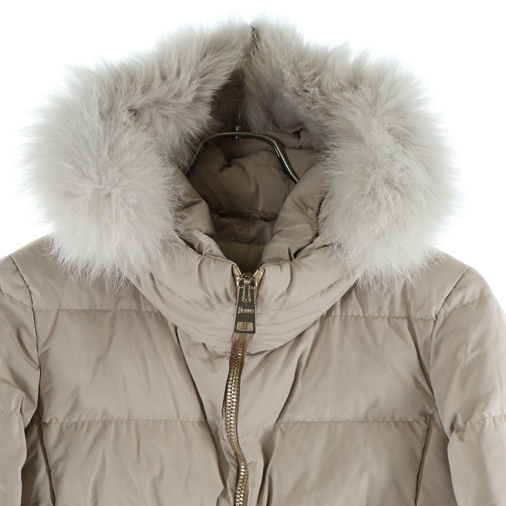 HERNO(ヘルノ) ファー フーデッド ジップアップ ダウン ロング ジャケット コート ベージュ レディース PI0530D