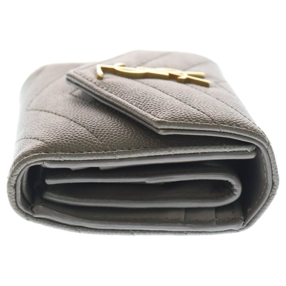 SAINT LAURENT PARIS(サンローランパリ) Vステッチ コンパクトウォレット 三つ折り財布 コインケース グレー レザー GNC692061 ゴールド金具 レディース