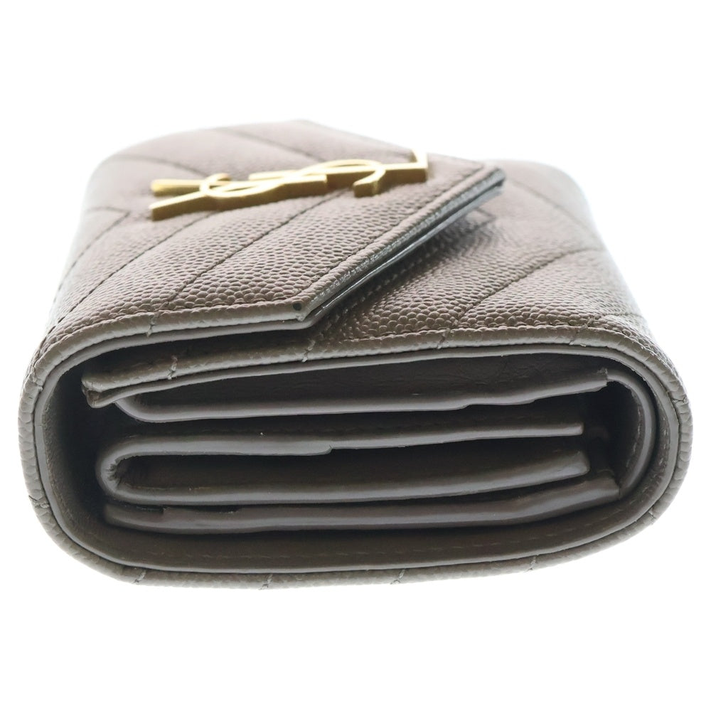 SAINT LAURENT PARIS(サンローランパリ) Vステッチ コンパクトウォレット 三つ折り財布 コインケース グレー レザー GNC692061 ゴールド金具 レディース