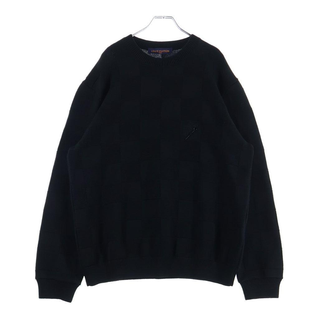 LOUIS VUITTON(ルイヴィトン) 22AW ロゴ刺繍 ダミエステッチ クルーネック プルオーバー 長袖ニット セーター ブラック RM222Q TBY HNN41W