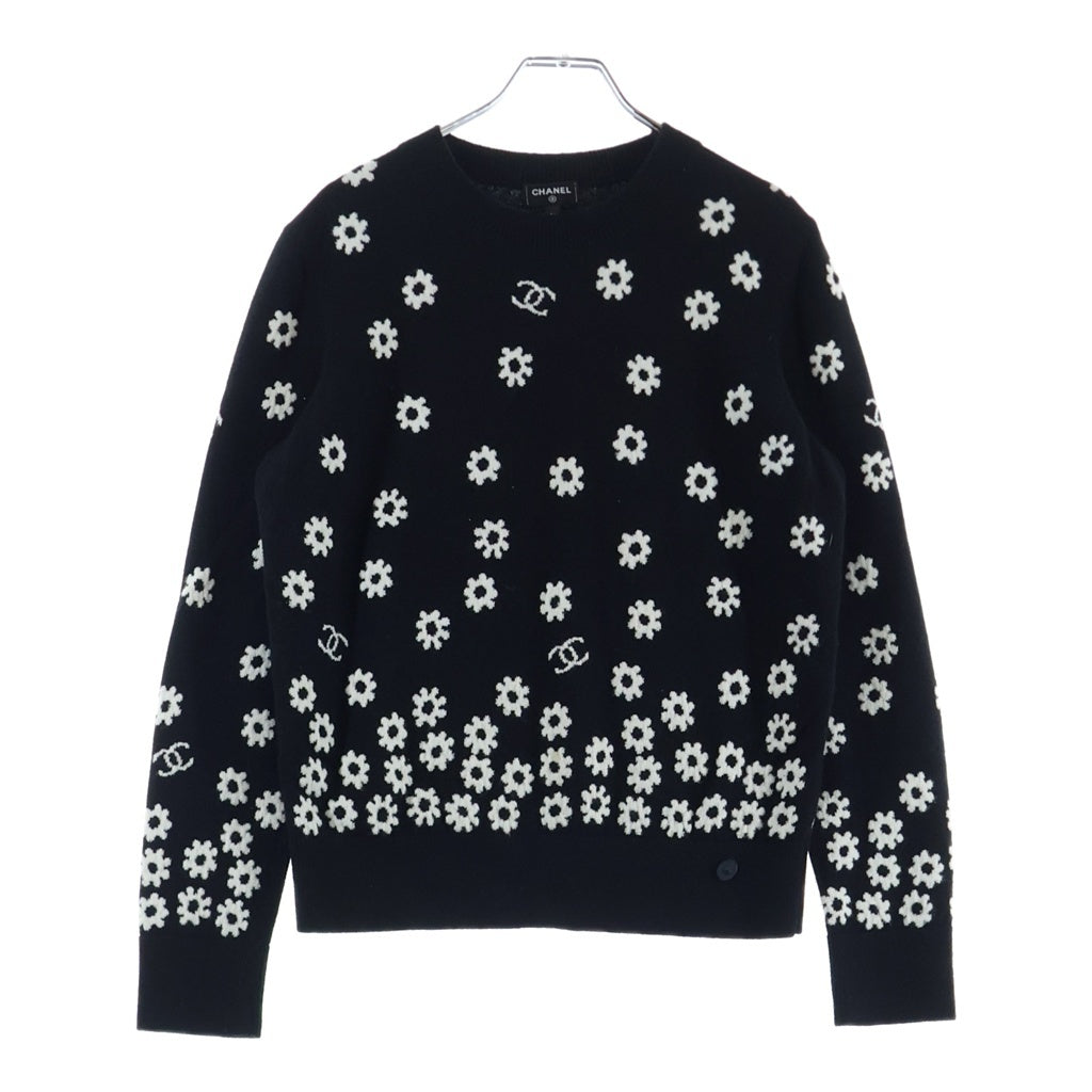 CHANEL(シャネル) ココマーク デイジー ジャガード 総柄 カシミヤ プルオーバー 長袖ニット セーター ブラック レディース P72453K10396