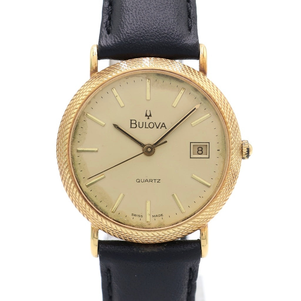 BULOVA(ブローバ) シャンパン文字盤 レザーベルト クォーツウォッチ 腕時計 K18YG イエローゴールド/ブラック レディース