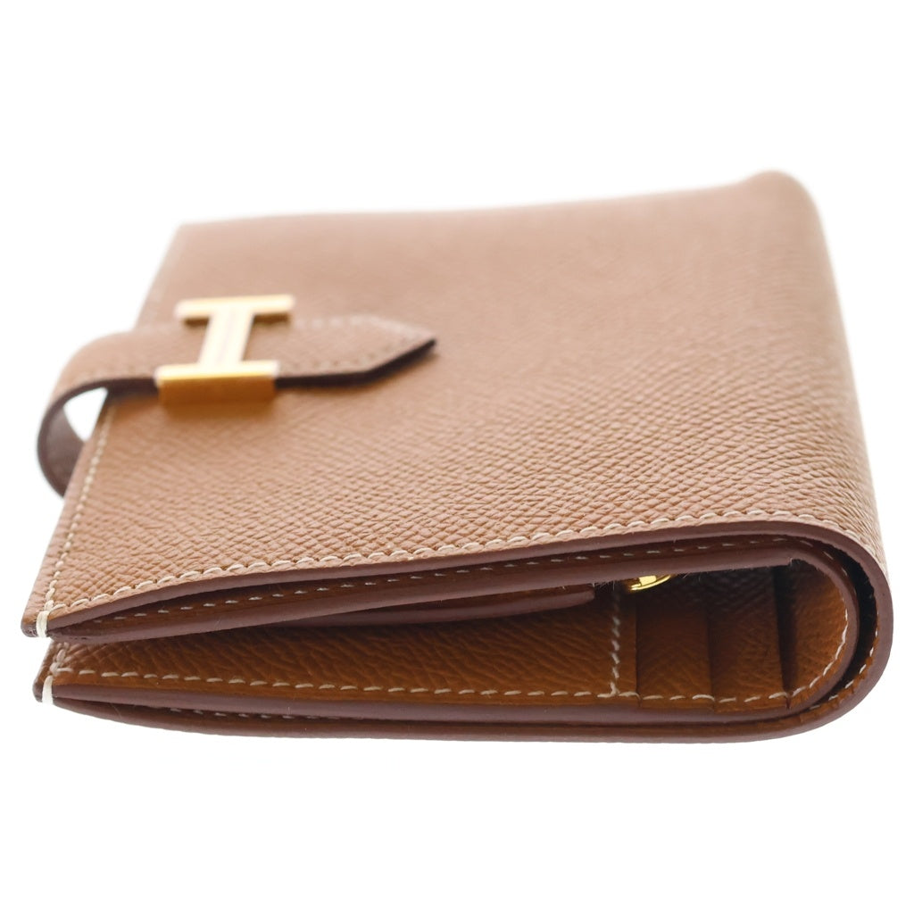 HERMES(エルメス) ベアンコンパクト 財布 ゴールド ブラウン エプソン レザー W刻印 ゴールド金具 レディース
