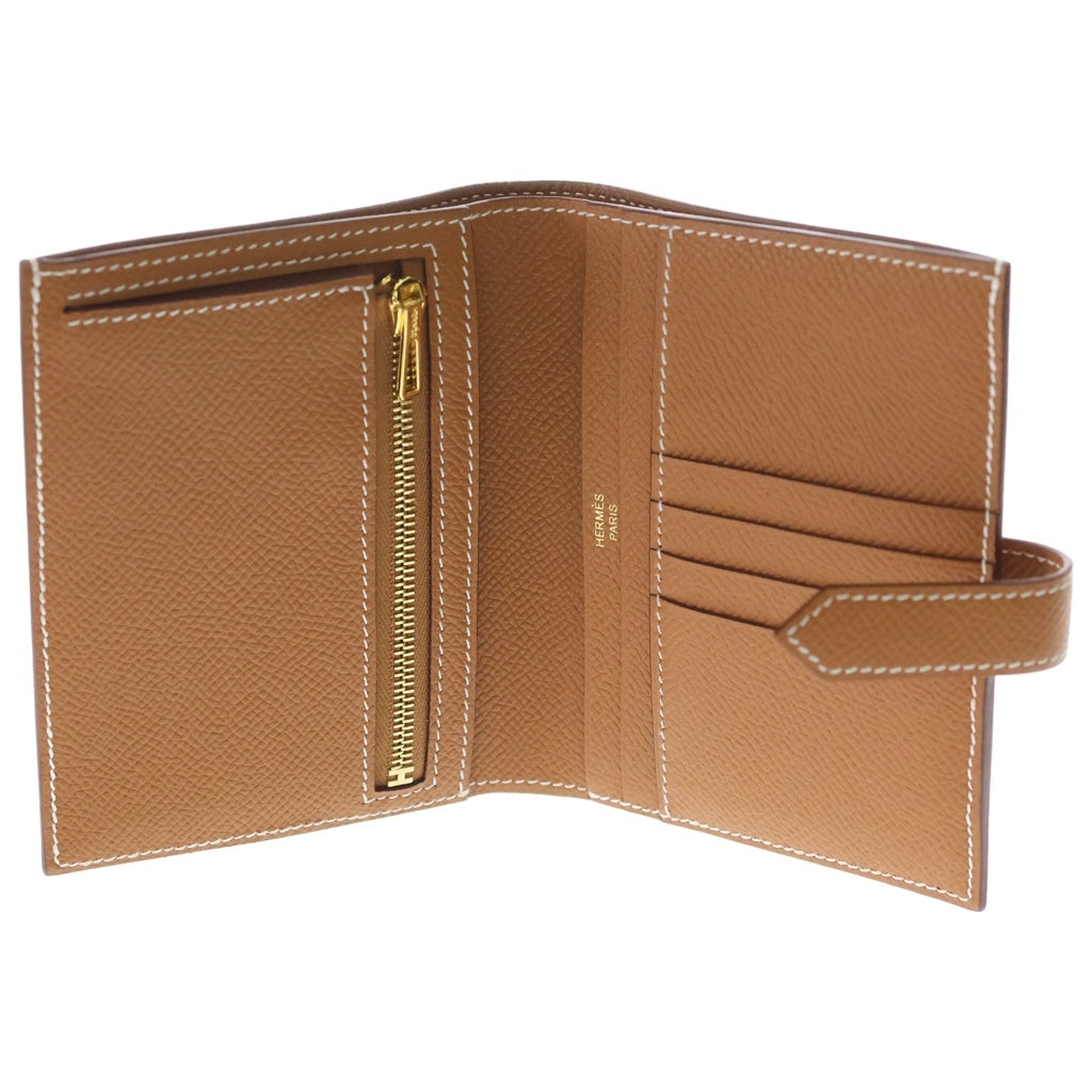 HERMES(エルメス) ベアンコンパクト 財布 ゴールド ブラウン エプソン レザー W刻印 ゴールド金具 レディース