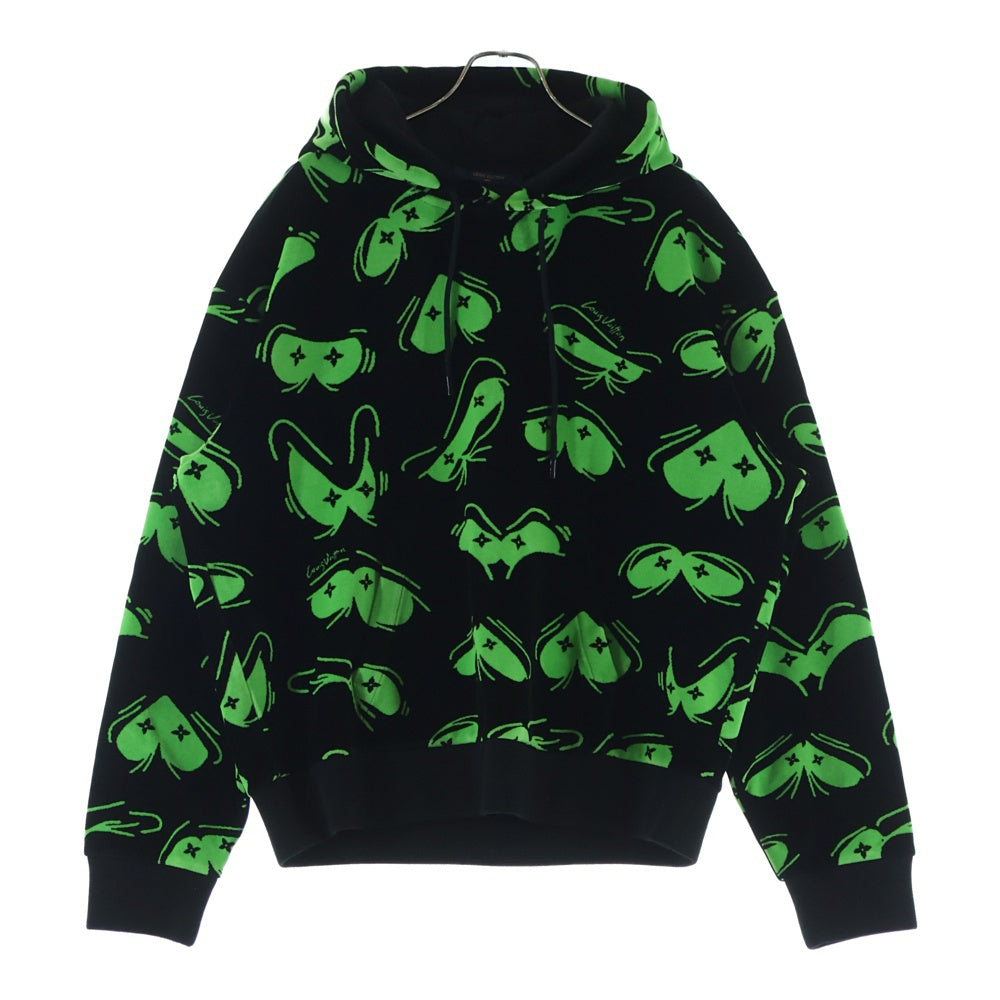 LOUIS VUITTON(ルイヴィトン) 22AW LVアイズ グラフィック ベロア プルオーバースウェットパーカー フーディー ブラック/グリーン RM222 RC6 HNY88W