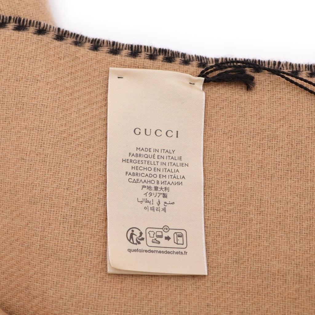 GUCCI(グッチ) インターロッキングG バイカラー カシミヤ混 ウール フリンジマフラー ブラック/ベージュ 715497 レディース
