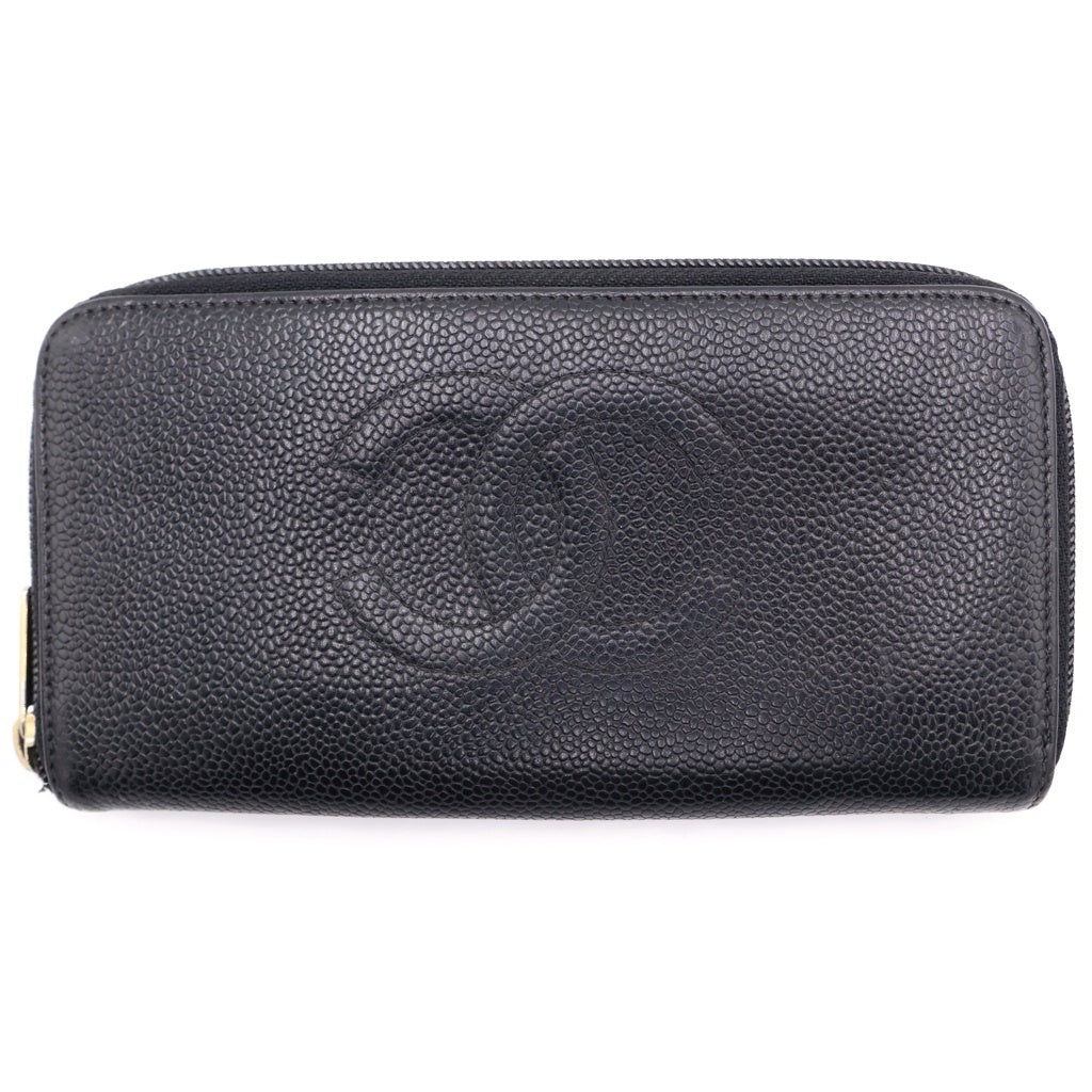 CHANEL(シャネル) ラウンドウォレット ロングウォレット 長財布 カードケース ブラック キャビアスキン ゴールド金具 レディース