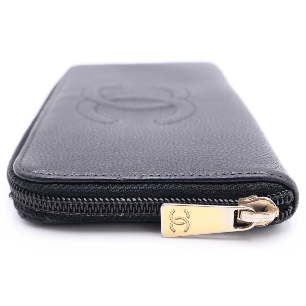 CHANEL(シャネル) ラウンドウォレット ロングウォレット 長財布 カードケース ブラック キャビアスキン ゴールド金具 レディース