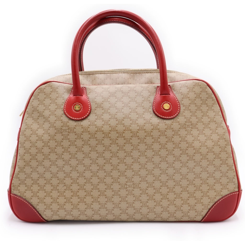 CELINE(セリーヌ) マカダム ボストンバッグ ハンドバッグ ベージュ×レッド レザー×PVC ゴールド金具 レディース