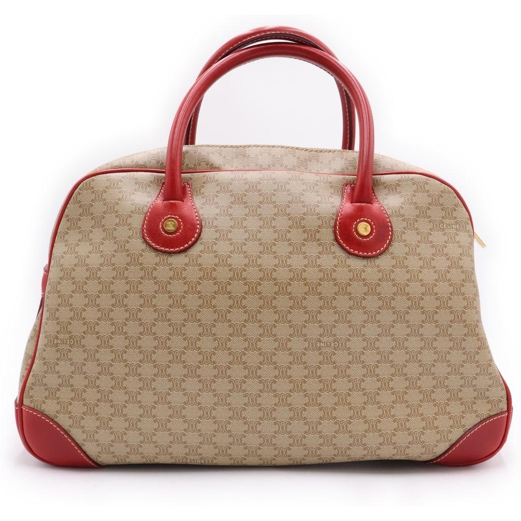 CELINE(セリーヌ) マカダム ボストンバッグ ハンドバッグ ベージュ×レッド レザー×PVC ゴールド金具 レディース