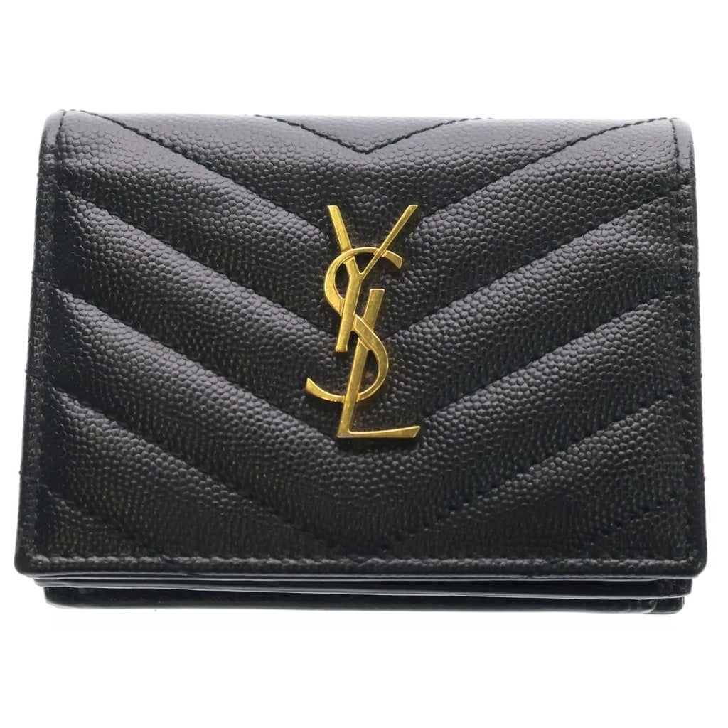 SAINT LAURENT PARIS(サンローランパリ) カサンドラ 二つ折り財布 コンパクトウォレット コインケース ブラック レザー ゴールド金具 レディース