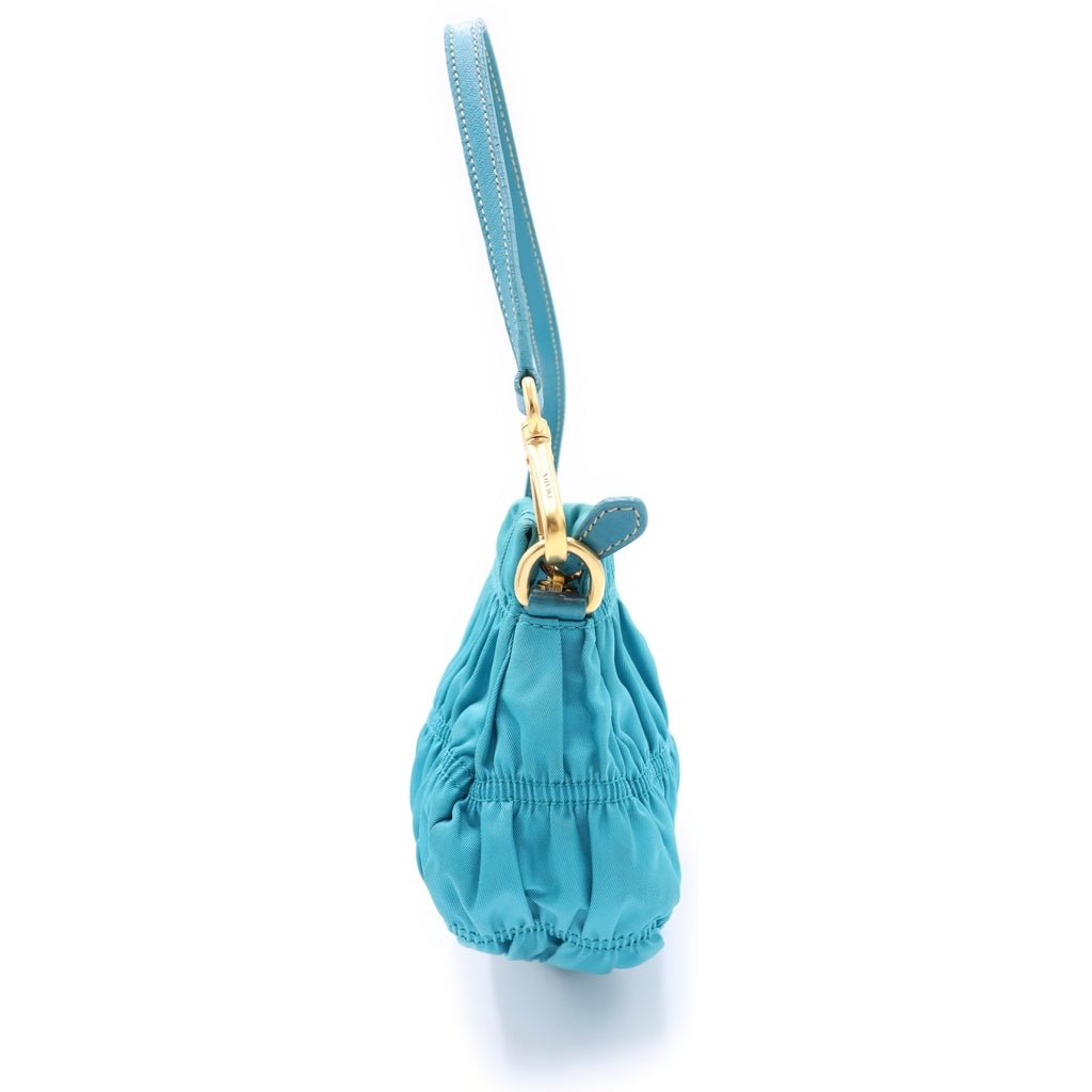 PRADA(プラダ) ギャザーポシェット ハンドバッグ ミニバッグ ターコイズブルー テスート ナイロン BP0171 ゴールド金具 レディース