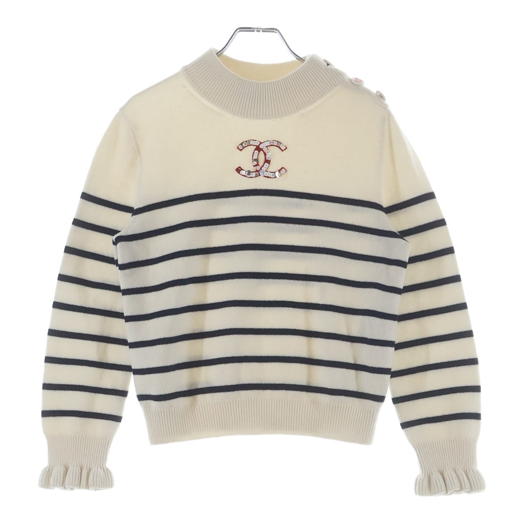 CHANEL(シャネル) 22AW ココマーク ボーダーニット セーター フロントロゴ ホワイト/ブラック P74227K10634 レディース