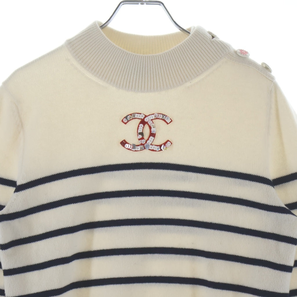 CHANEL(シャネル) 22AW ココマーク ボーダーニット セーター フロントロゴ ホワイト/ブラック P74227K10634 レディース
