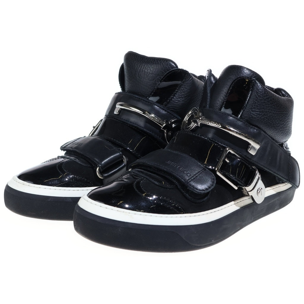 JIMMY CHOO(ジミーチュウ) キーモチーフ パテント コンビレザー ベルクロ ハイカットシューズ スニーカー ブラック