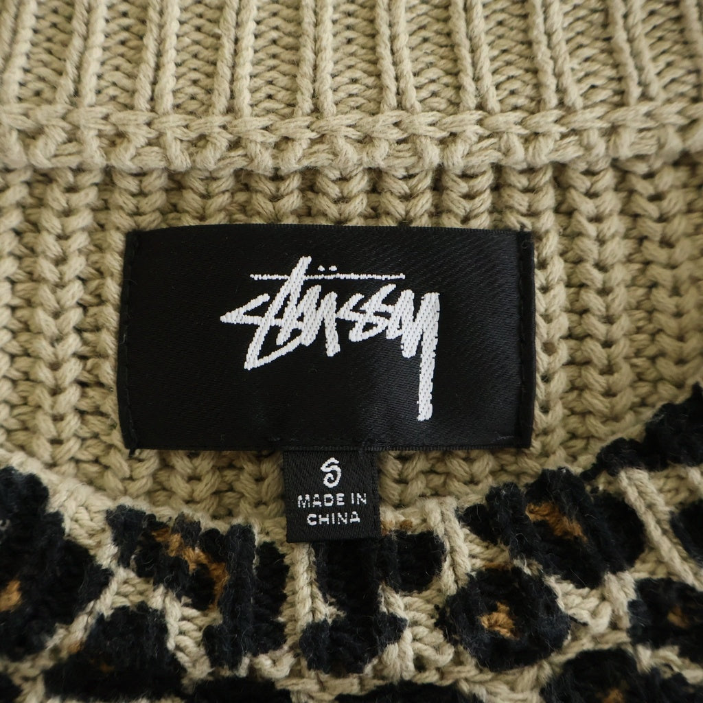 STUSSY(ステューシー) レオパード総柄プリント クルーネック プルオーバー リネン コットン 長袖ニット セーター ベージュ レディース