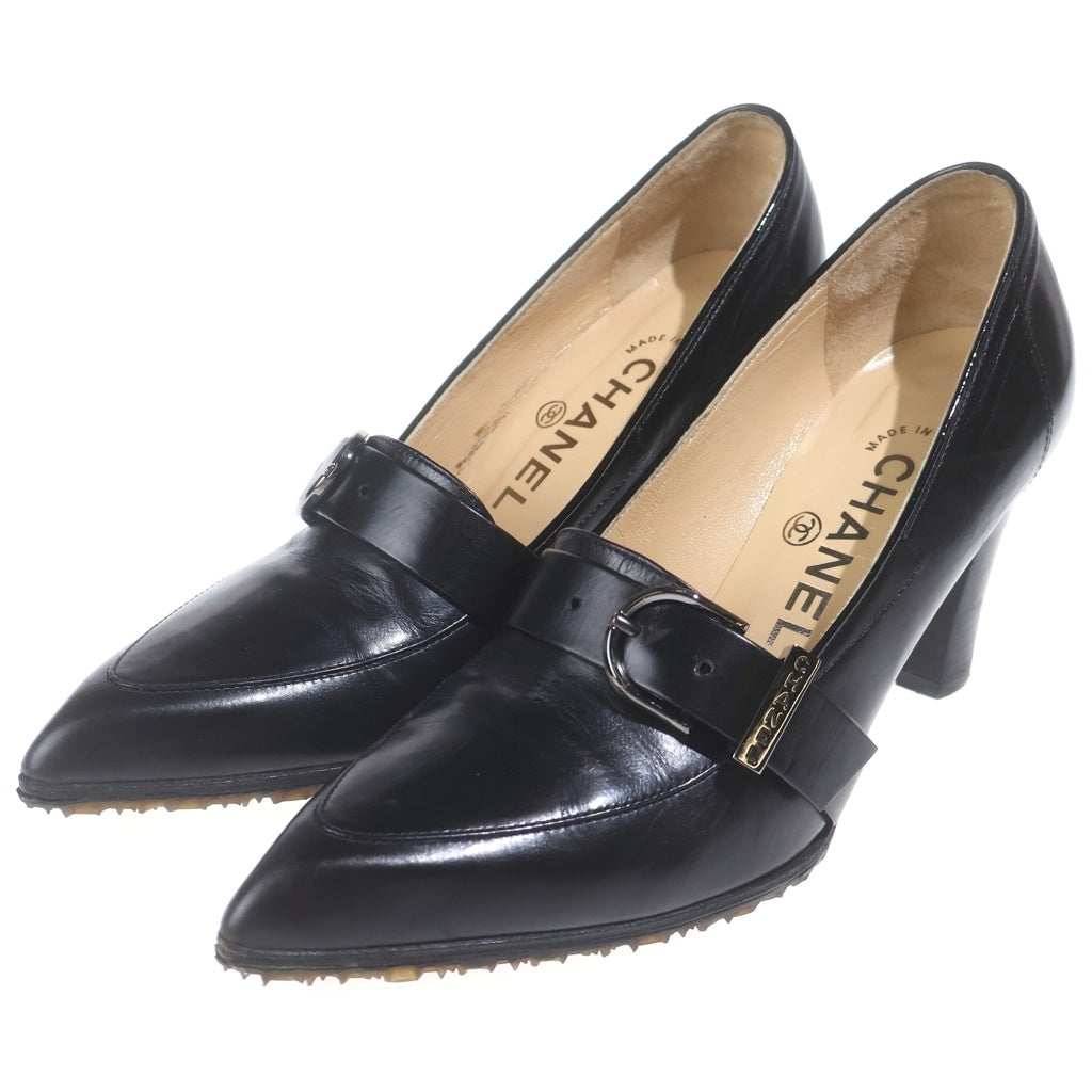 CHANEL(シャネル) ハイヒール レザーパンプス ロゴ ストラップ シルバー金具 ブラック レディース