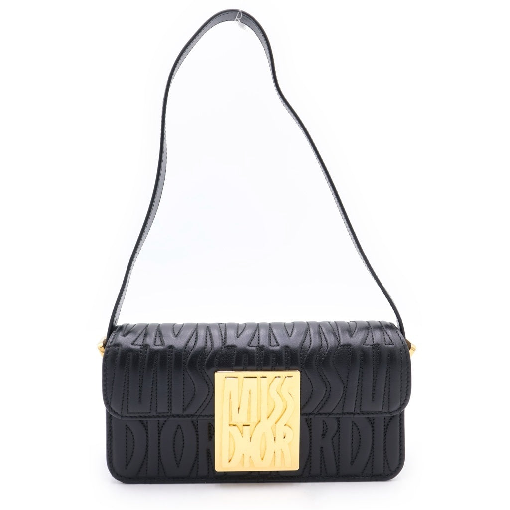 DIOR(ディオール) ミスディオール オールオーバー ロゴプレート レザー フラップ ワンショルダーバッグ ゴールド金具 ブラック M2610UBOS レディース