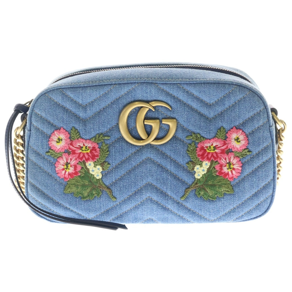 GUCCI(グッチ) マーモント キルティング フラワー刺繍スモールショルダーバッグ インディゴブルー デニム 44763 ゴールド金具 レディース