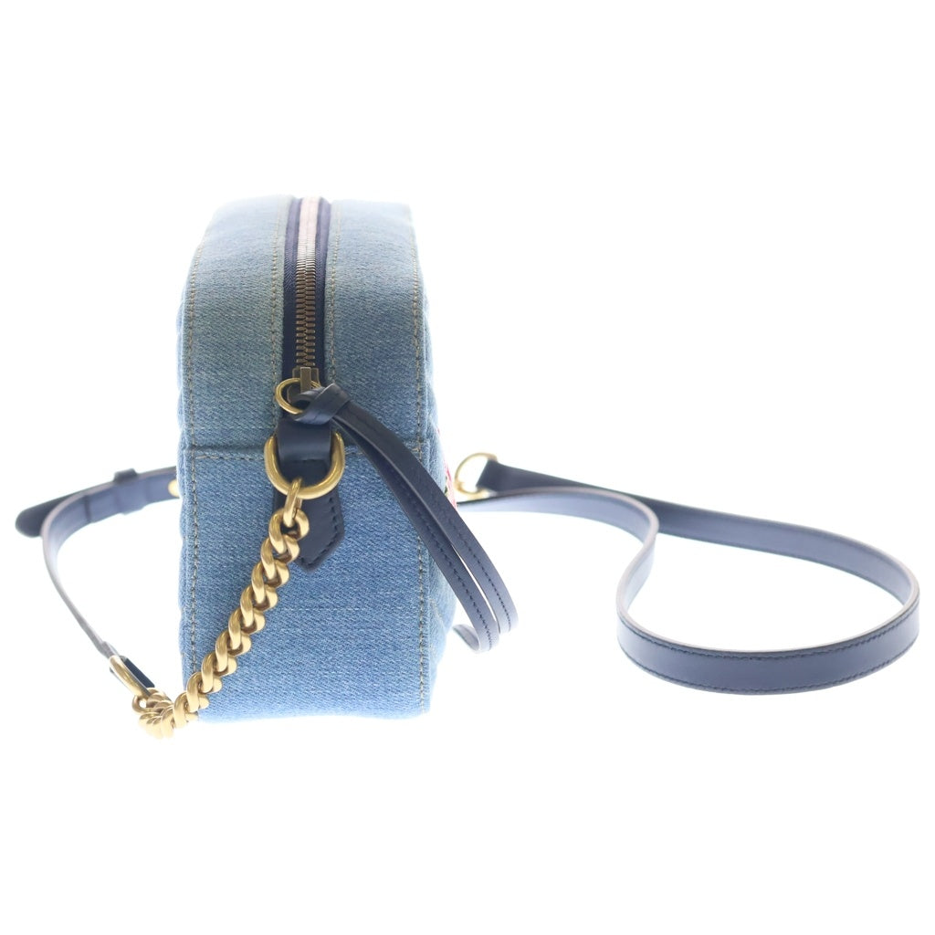 GUCCI(グッチ) マーモント キルティング フラワー刺繍スモールショルダーバッグ インディゴブルー デニム 44763 ゴールド金具 レディース