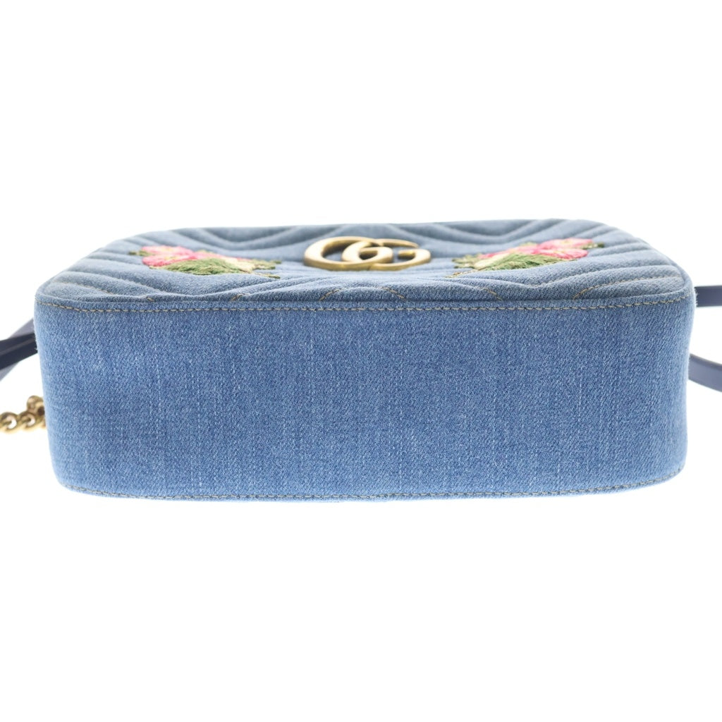 GUCCI(グッチ) マーモント キルティング フラワー刺繍スモールショルダーバッグ インディゴブルー デニム 44763 ゴールド金具 レディース