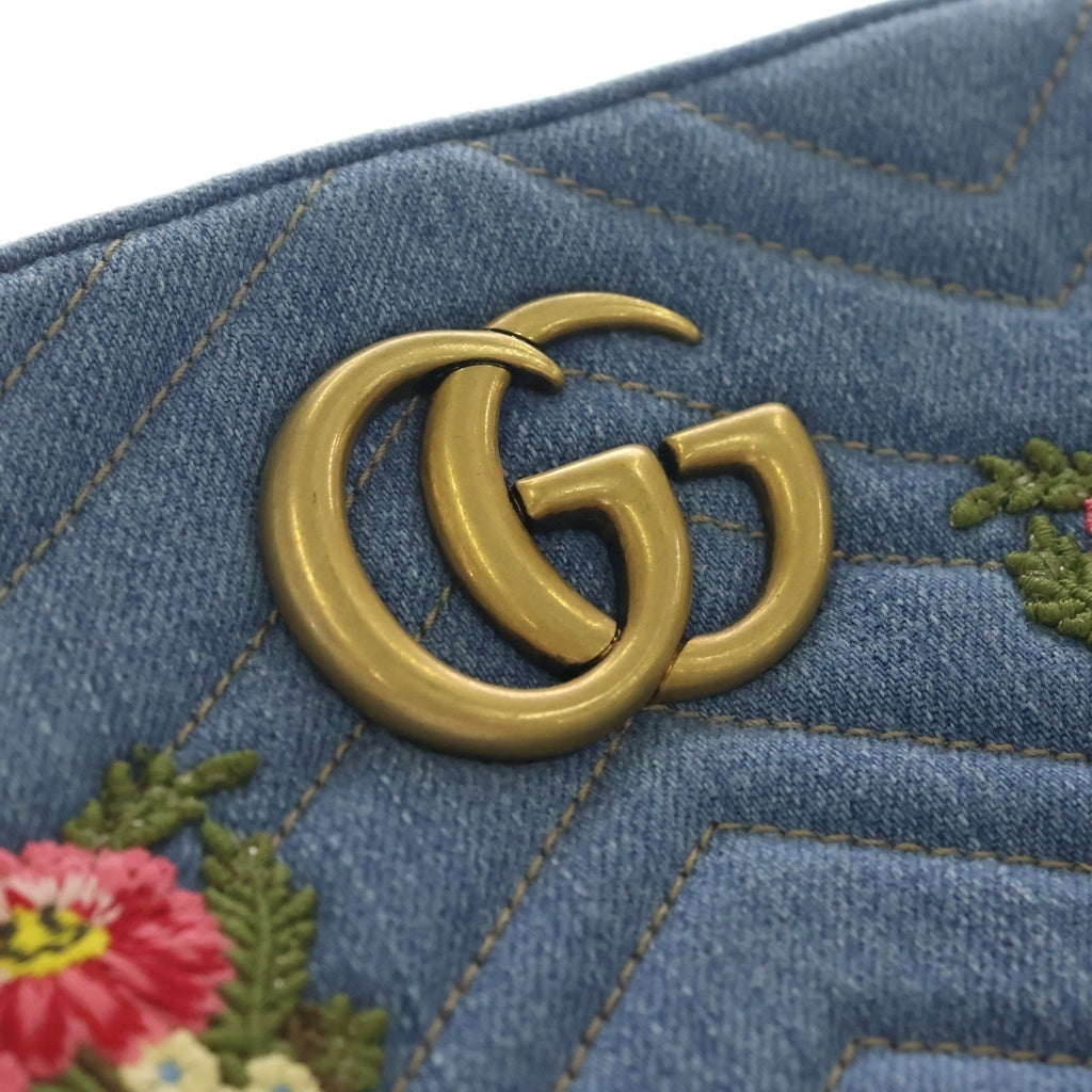 GUCCI(グッチ) マーモント キルティング フラワー刺繍スモールショルダーバッグ インディゴブルー デニム 44763 ゴールド金具 レディース