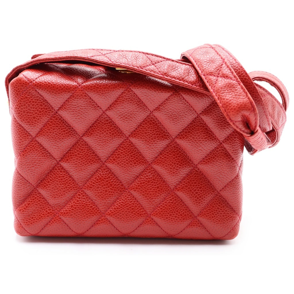CHANEL(シャネル) マトラッセ キャビアスキン ゴールド金具 ショルダーバッグ レッド レディース