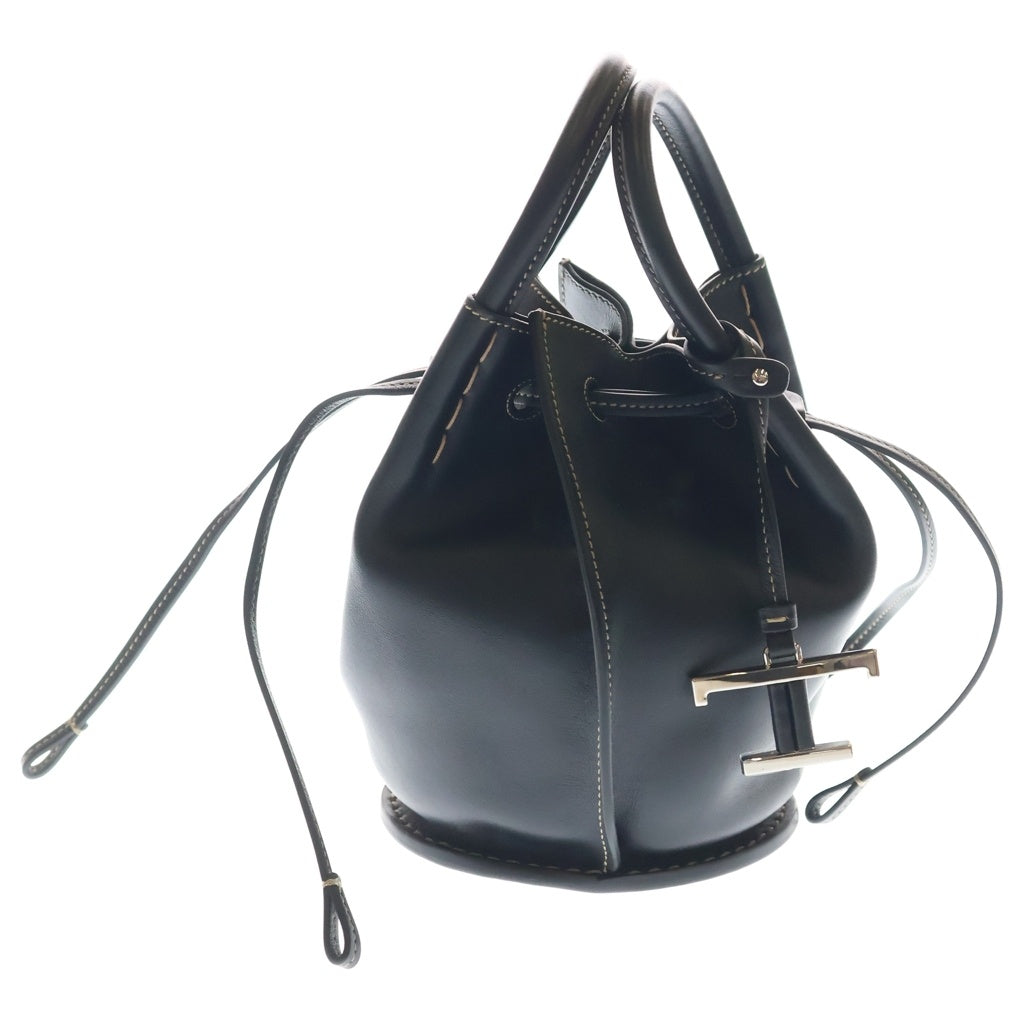 TOD'S(トッズ) Tタイムレス バケット ミニ 2way ショルダーバック シルバー金具 レザー ブラック レディース