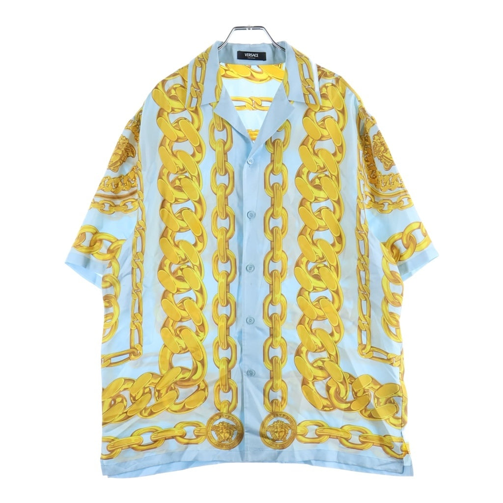 VERSACE(ヴェルサーチ) Silk Medusa Chain Shirt メデューサチェーンシャツ 開襟半袖シャツ 総柄 シルク イエロー/スカイブルー 1003926 1A13397 レディース