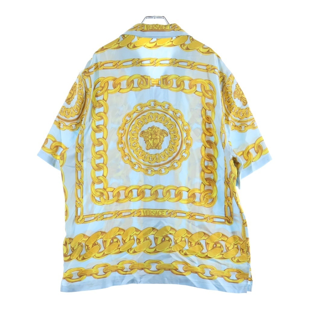 VERSACE(ヴェルサーチ) Silk Medusa Chain Shirt メデューサチェーンシャツ 開襟半袖シャツ 総柄 シルク イエロー/スカイブルー 1003926 1A13397 レディース