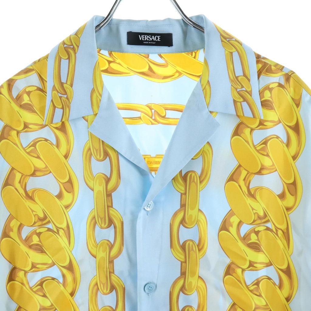 VERSACE(ヴェルサーチ) Silk Medusa Chain Shirt メデューサチェーンシャツ 開襟半袖シャツ 総柄 シルク イエロー/スカイブルー 1003926 1A13397 レディース