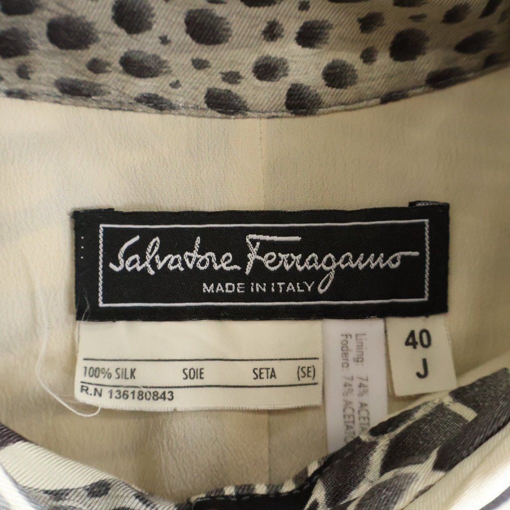 FERRAGAMO(フェラガモ) ハーフボタン 半袖シルクワンピース ドレス 総柄 半袖シャツ タイ ブラック/ホワイト レディース