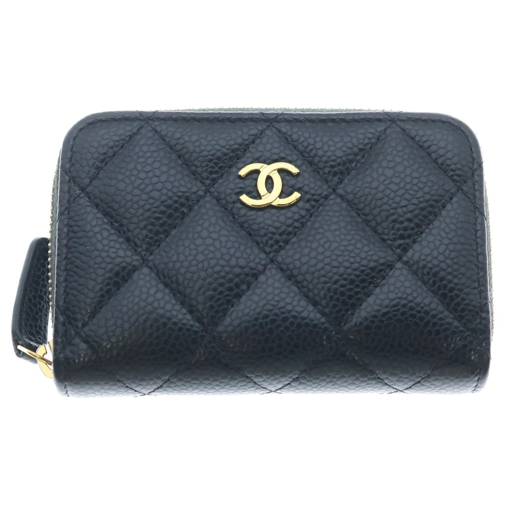 CHANEL(シャネル) マトラッセ キャビアスキン レザー ジッピー コインパース ケース 財布 ゴールド金具 ブラック シール レディース