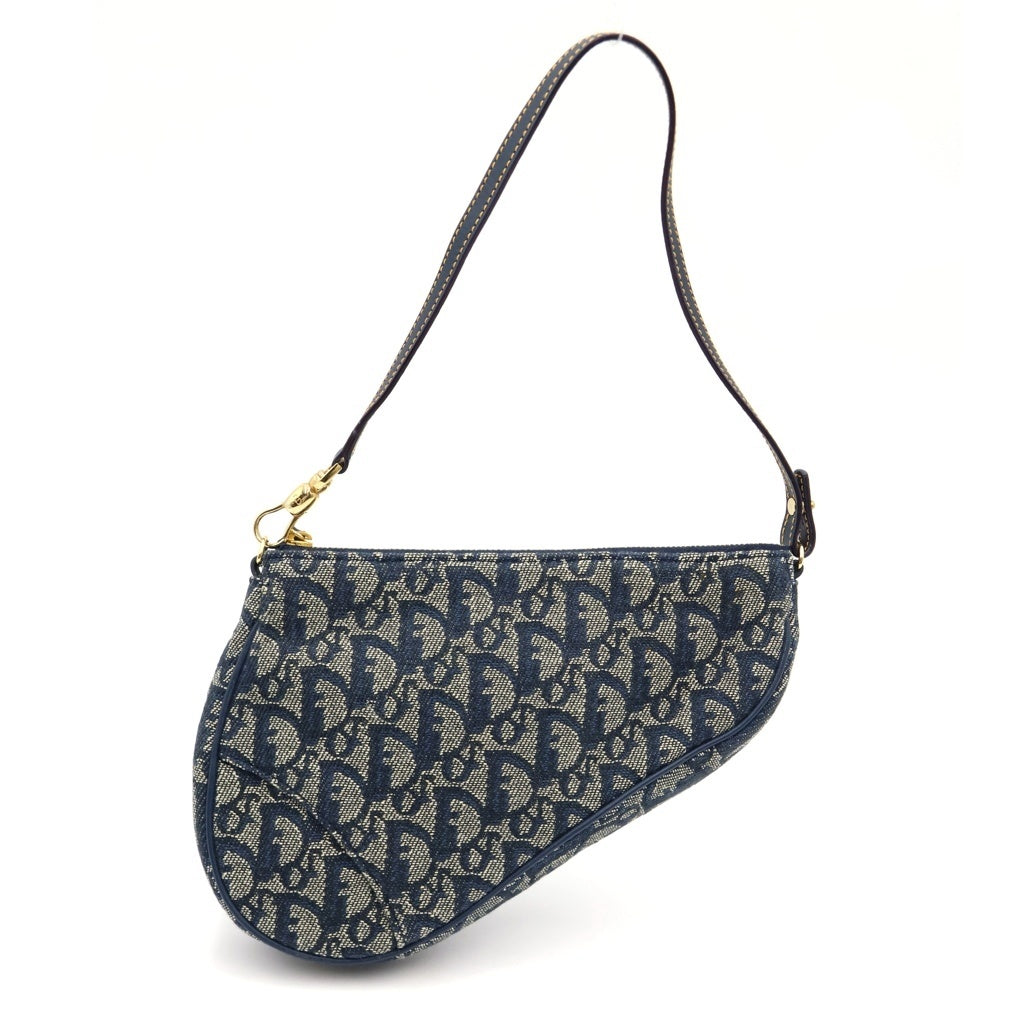 Christian Dior(クリスチャンディオール) トロッター サドルバッグ ミニハンドバッグ ネイビー レザー×キャンバス ゴールド金具 レディース