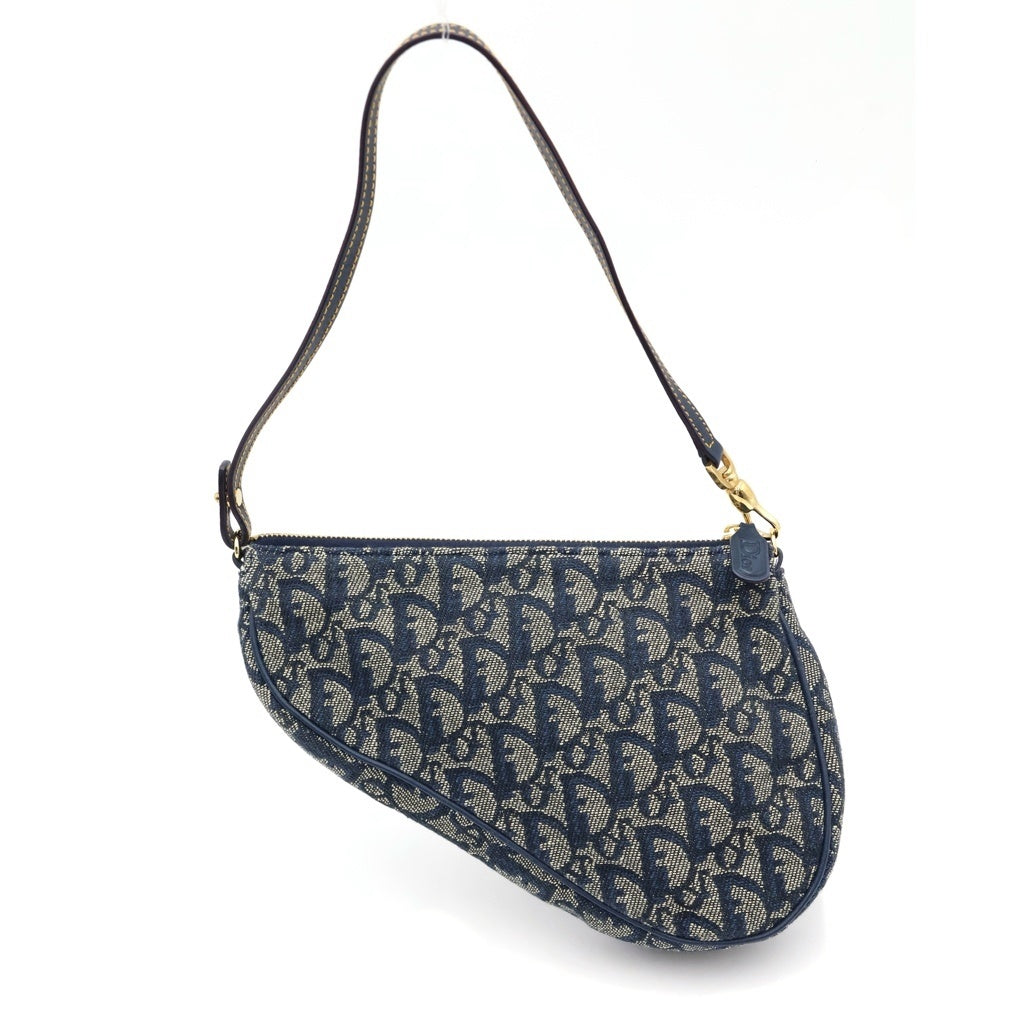 Christian Dior(クリスチャンディオール) トロッター サドルバッグ ミニハンドバッグ ネイビー レザー×キャンバス ゴールド金具 レディース