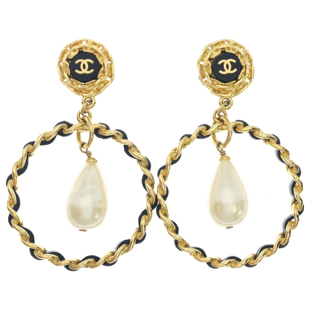 CHANEL(シャネル) ココマーク サークル フープ スウィングパール イヤリング ゴールド×ブラック GP×レザー 95A レディース