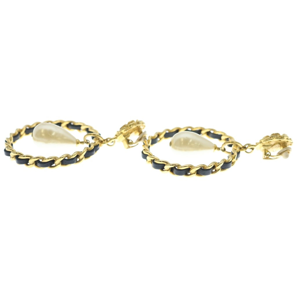 CHANEL(シャネル) ココマーク サークル フープ スウィングパール イヤリング ゴールド×ブラック GP×レザー 95A レディース